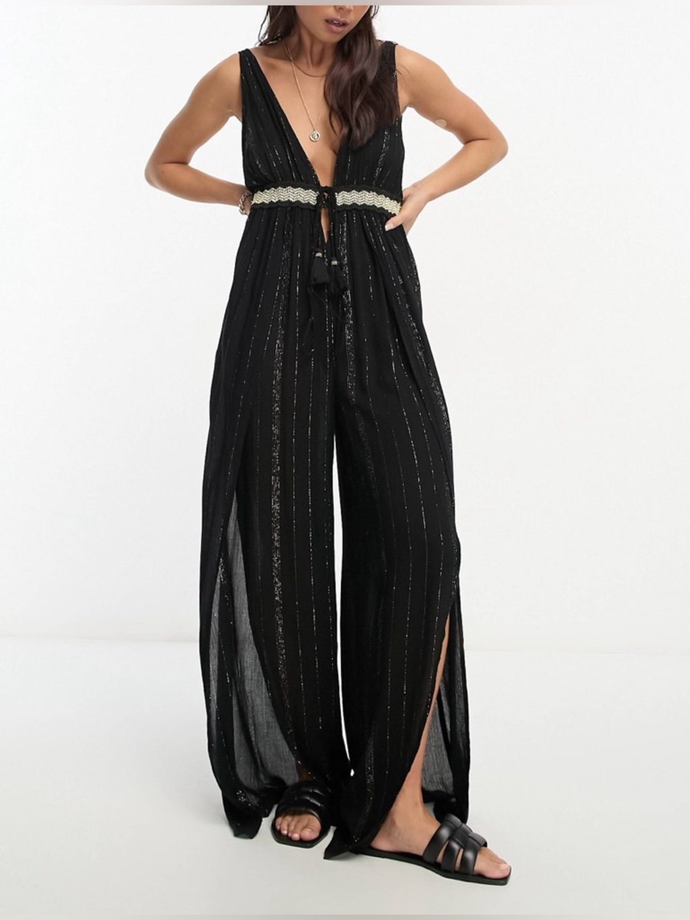 River Island Black Plunge Wide Leg Metallic Beach Jumpsuit XS Vacation - Picture 3 of 12